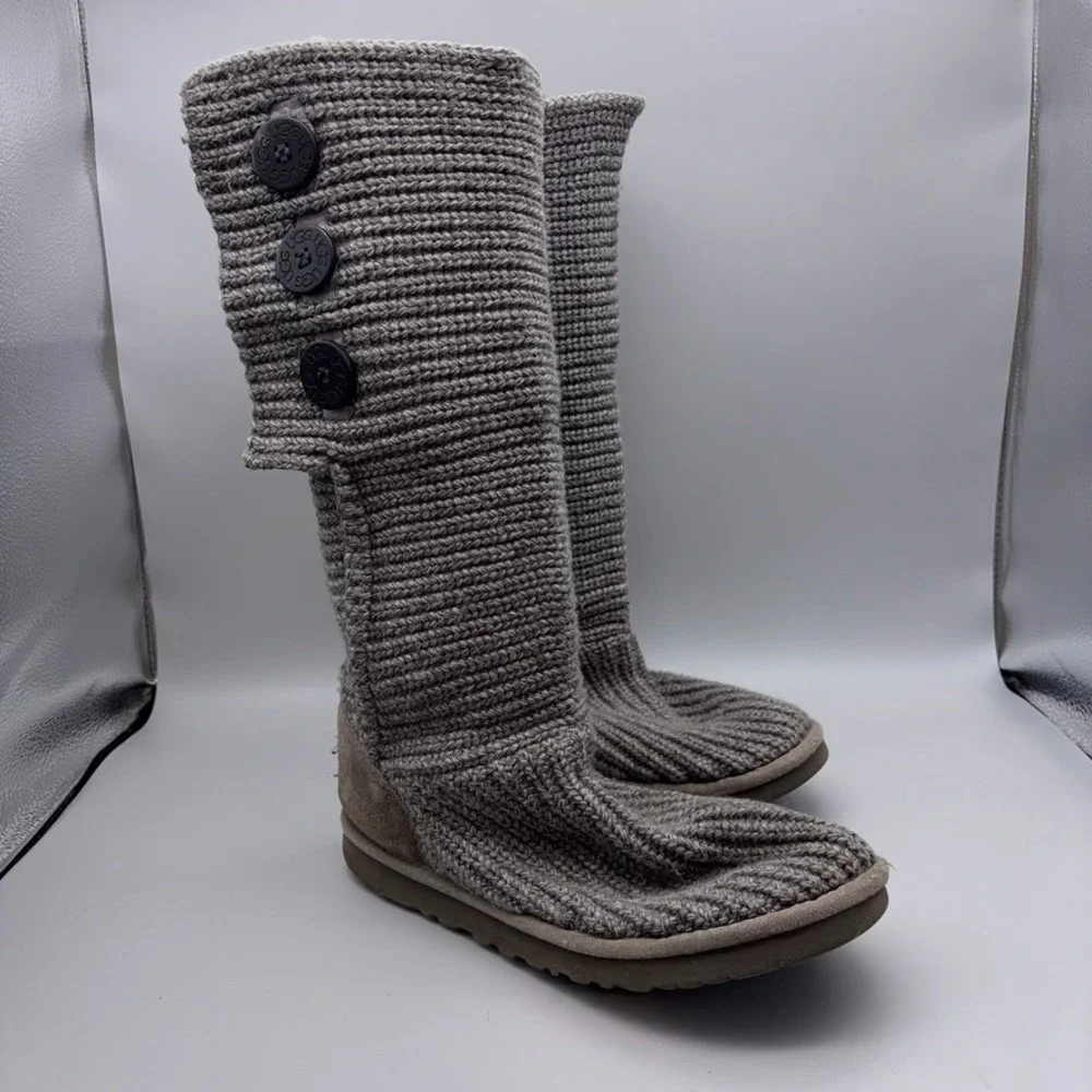 UGG Boots Womens 9 Grey Cardy Tall Knit Button Down 5819 Crochet Winter Casual